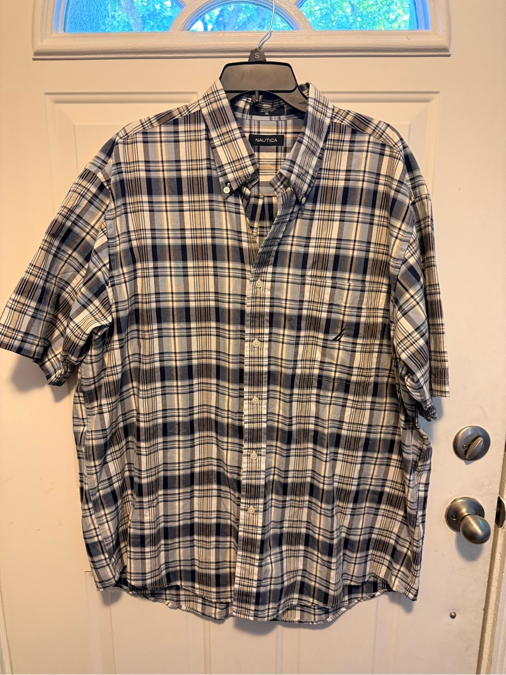 Nautica Navy and White Plaid Short Sleeve Button-Down Shirt